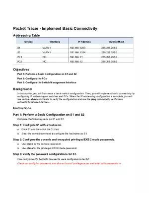Packet Tracer - Implement Basic Connectivity