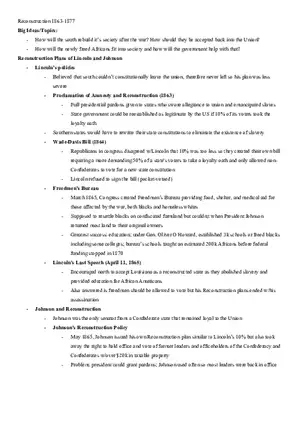 Reconstruction 1863-1877 Notes