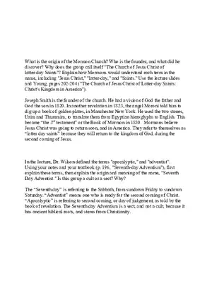 Mormon and 7th Day Adventist Church