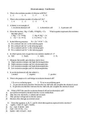 Electrochemistry Unit Review - Answer Key