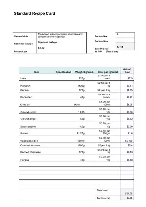 Standard Recipe Card - Comerrcical Cookery