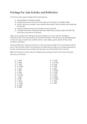 Privilege for Sale Activity and Reflection