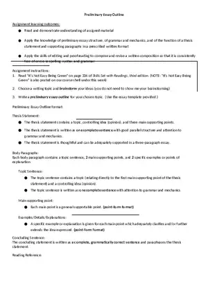 Preliminary Essay Outline Assignment