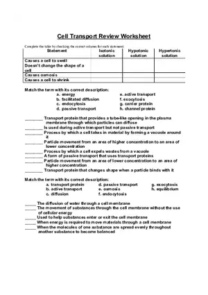 Cell Transport Review Worksheets
