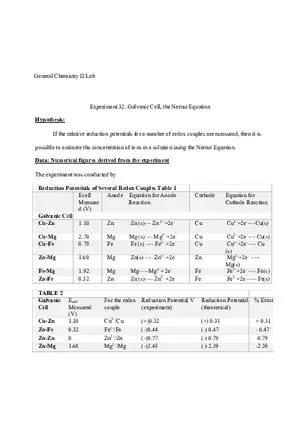 Galvanic Cell, the Nernst Equation Report