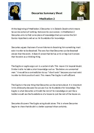 Descartes Summary Sheet - Meditation 2