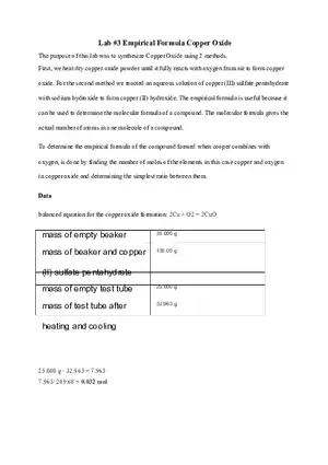 Experimental Chemistry Emperical Formula Copper Oxide
