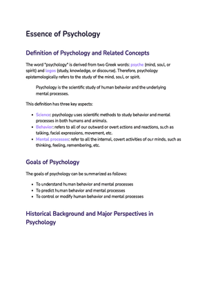 Definition of Psychology and Related Concepts