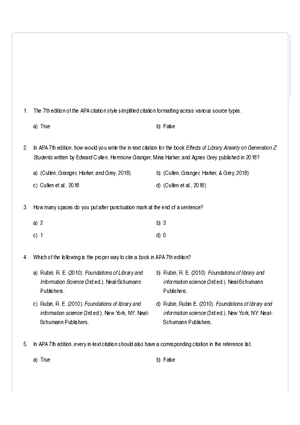 APA 7th Edition Citation Rules Quiz