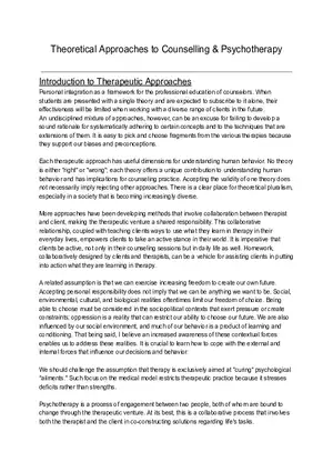 Theoretical Approaches to Counselling and Psychotherapy