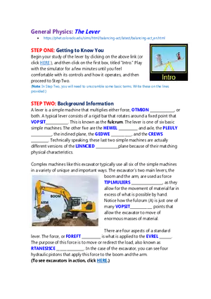 Physical Science Lab the Lever Other Simple Machines #1
