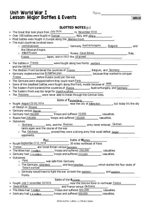3 Major Battles & Events Slotted Notes WWI