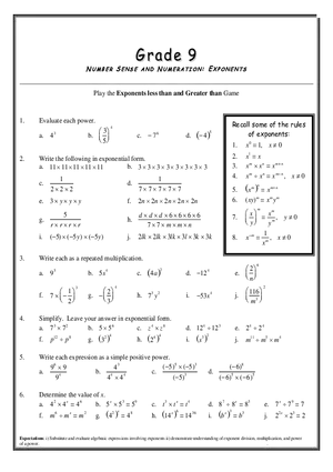 Number Sense and Numeration Exponents