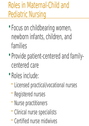 Roles in Maternal-Child and Pediatric Nursing