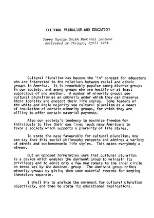 Cultural Pluralism and Education