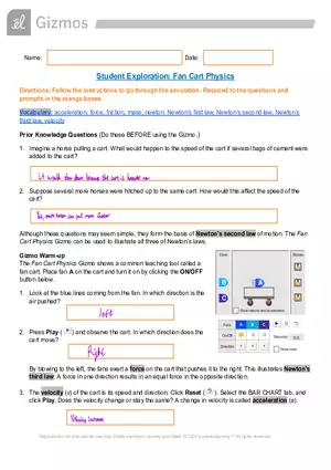 Gizmos Answer Key: Fan Cart Physics