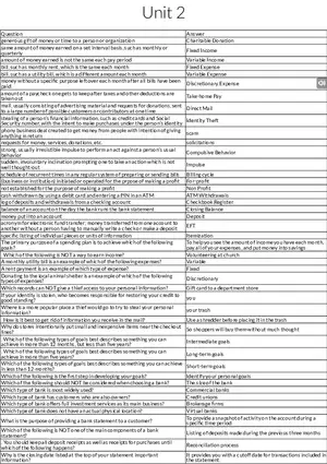 Personal Finance & Money Management Unit 2 Table Review