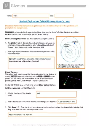 Student Exploration: Orbital Motion – Kepler’s Laws