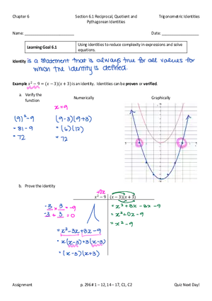 Section 6.1 Reciprocal, Quotient and Pythagorean Identities