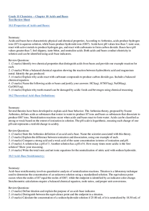 Grade 11 Chemistry - Chapter 10 Acids and Bases