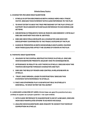 Othello Essay Topics and Transactionals
