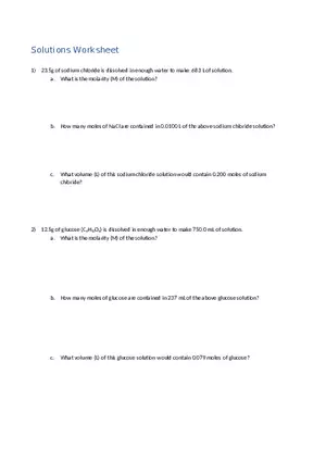 Molarity - Chemistry Solutions Worksheet