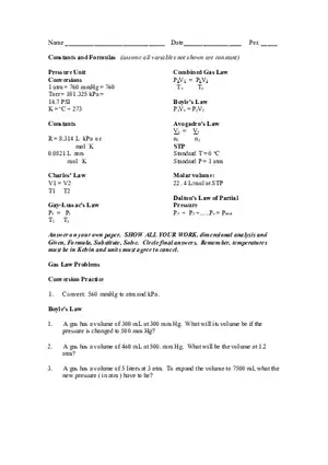 Gas Law Worksheet
