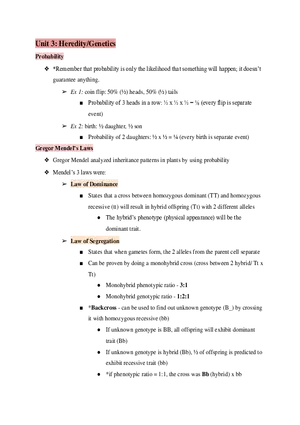 Test Guide Unit 3 Heredity Genetics