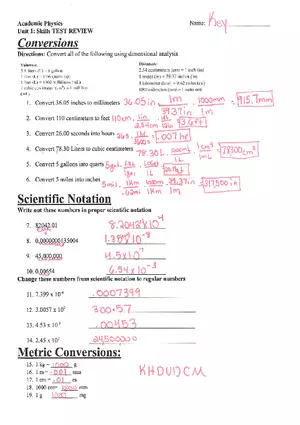 Physics Unit 1 Review Answer Key