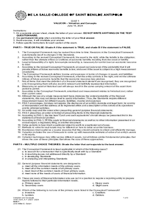 VALUCON – Valuation and Concepts - Quiz 1