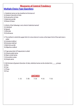 Measures of Central Tendency Multiple Choice