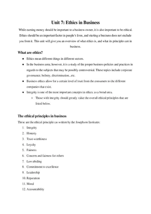 Intro to Business Unit 7 Ethics in Business