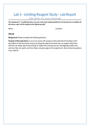 Lab 5 – Limiting Reagent Study – Lab Report