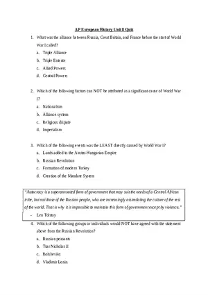 AP European History Unit 8 Quiz