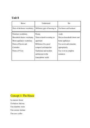 French 2 Study Guide Unit 8