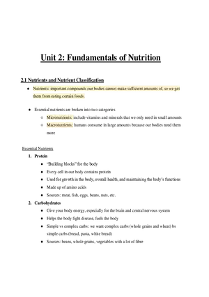 Food and Nutrition Unit 2 - Fundamentals of Nutrition