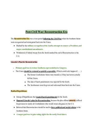 United States History Post-Civil War Reconstruction Era