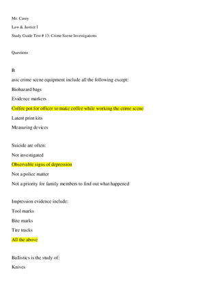 Study Guide Test 13 Crime Scene Investigations