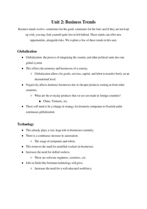 Intro to Business Unit 2 Business Trends