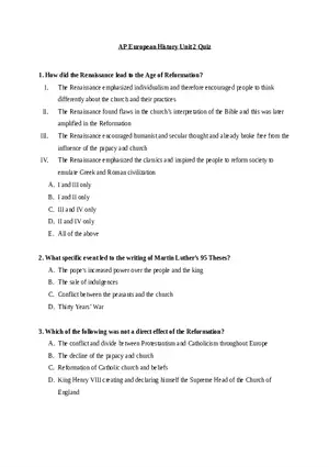 AP European History Unit 2 Quiz