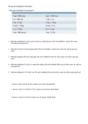 Dosage & Calculations Worksheet