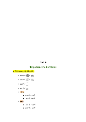 Unit 4 Trigonometric Formulas