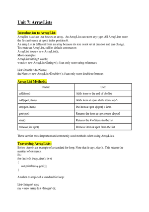 AP Computer Science A   Unit 7 ArrayLists