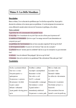 AP French Study Guide Thème 5 Les Défis Mondiaux