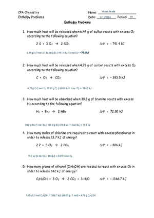 CPA Chemistry Enthalpy Problems