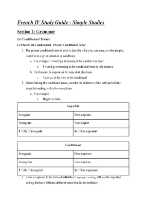 French IV Study Guide Section 1 Grammar