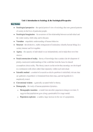 Sociology Unit 1 Introduction to Sociology & the Sociological Perspective