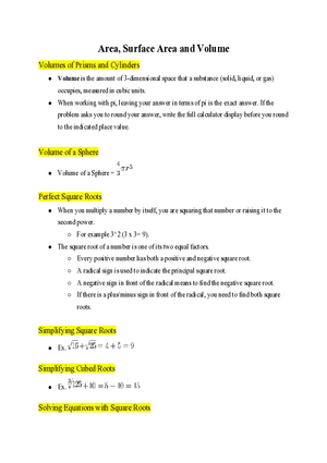 Pre Algebra Area, Surface Area and Volume
