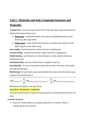 AP Chemistry Unit 2 - Molecular and Ionic Compound Structures and Properties
