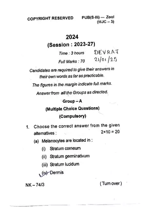 Melanocytes Multiple Choice Questions